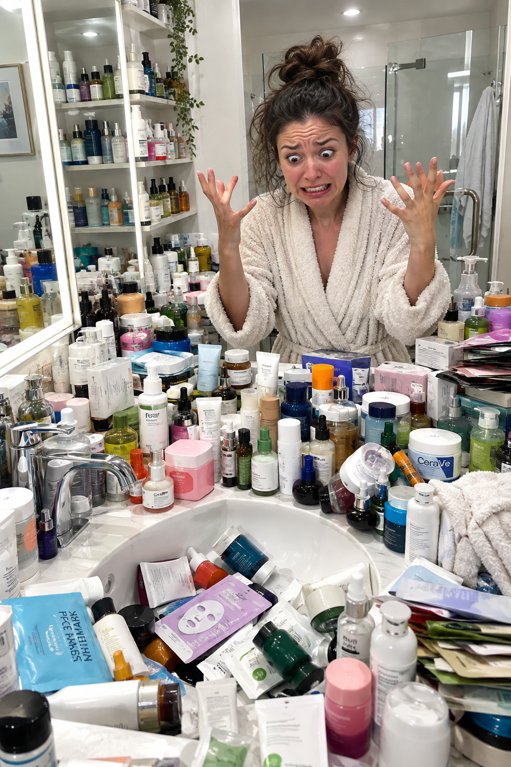 Woman at a bathroom vanity with skincare products
